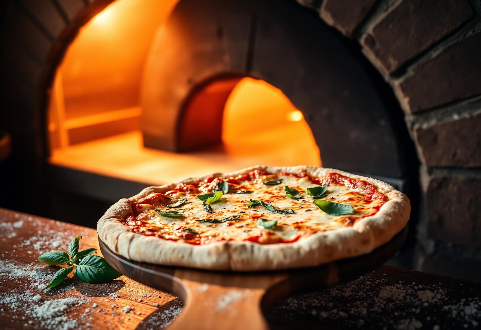 Nybakad pizza på träspade framför en varm stenugn